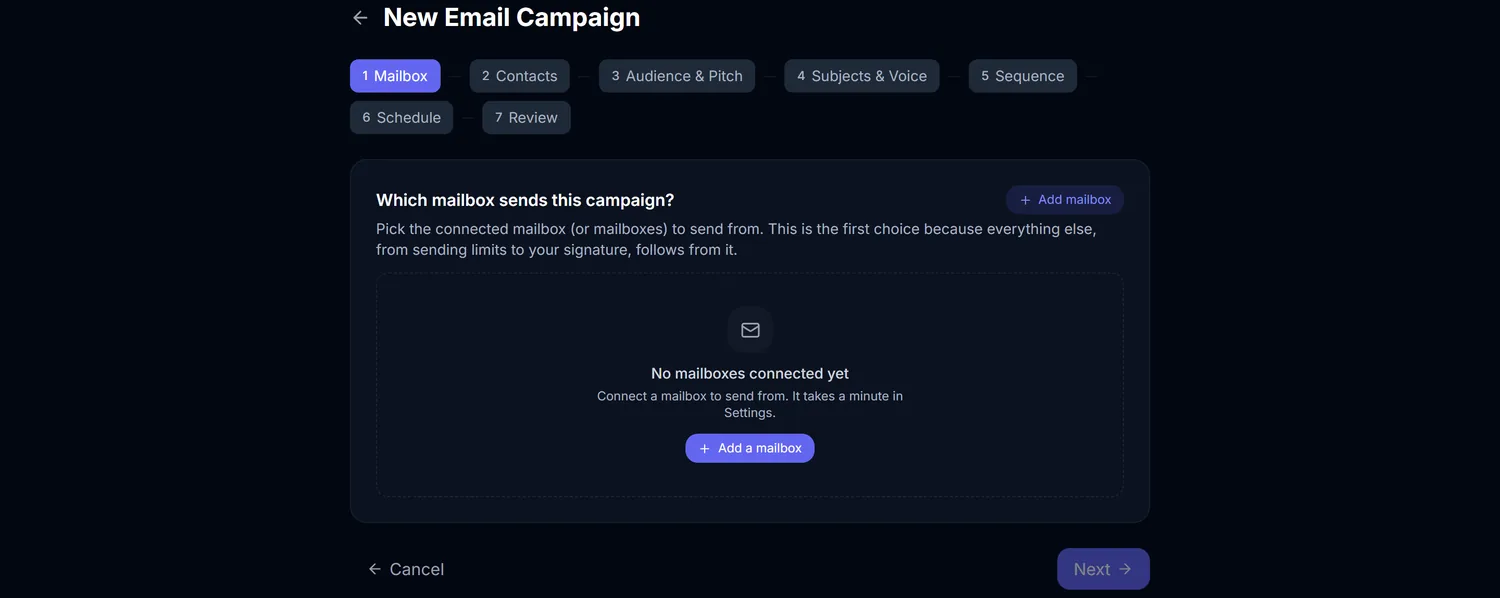 The campaign builder with steps: mailbox, contacts, pitch, voice, schedule, review