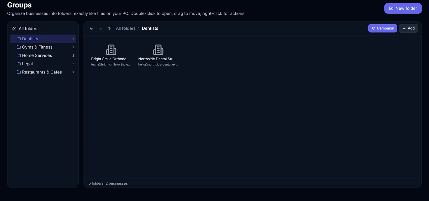 The Groups screen: businesses organized into folders with a folder tree
